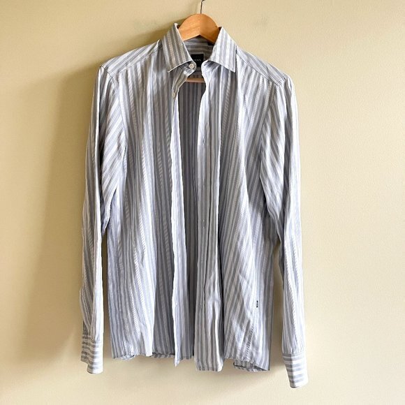 Boss Hugo Boss SLIM FIT Men's Shirt Striped Gray Size M‎ Long Sleeve Top Work - Picture 1 of 5